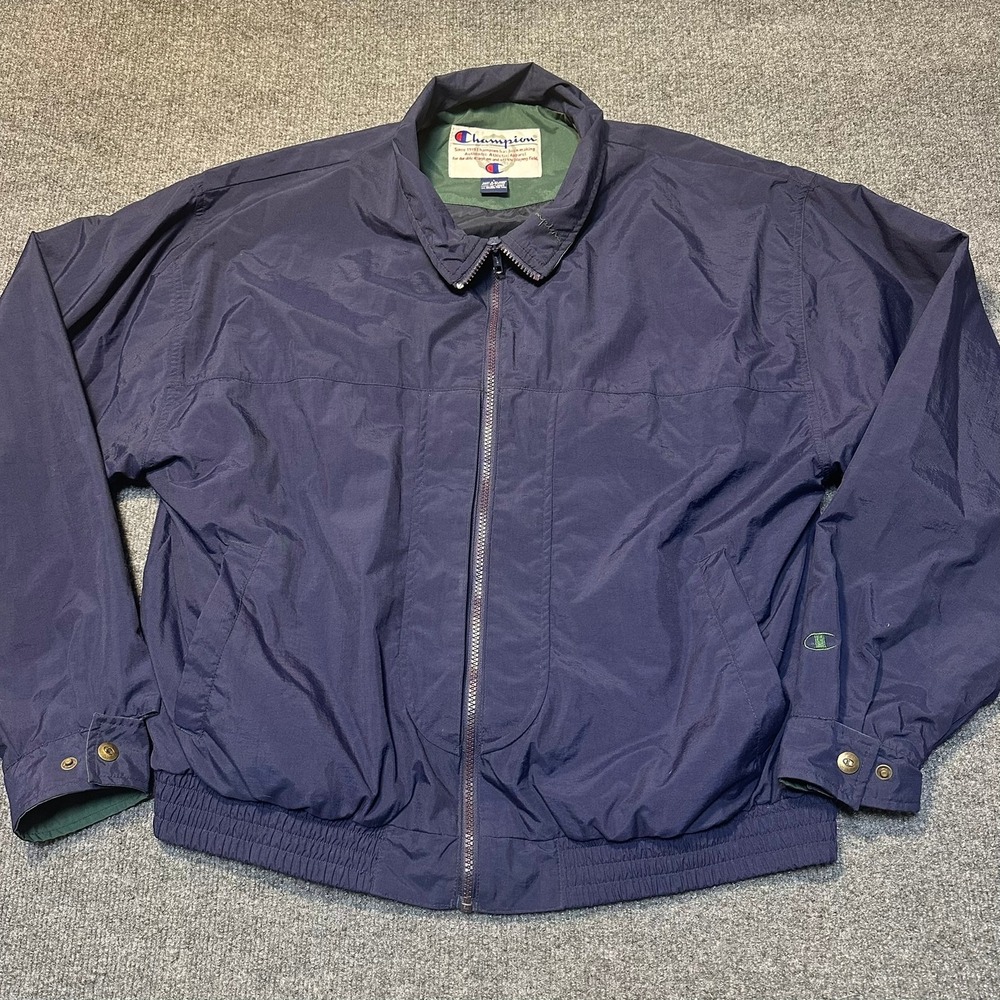 Vintage Champion Mens Navy Blue Windbreaker Jacket Full Zip Nylon Large RN 26094